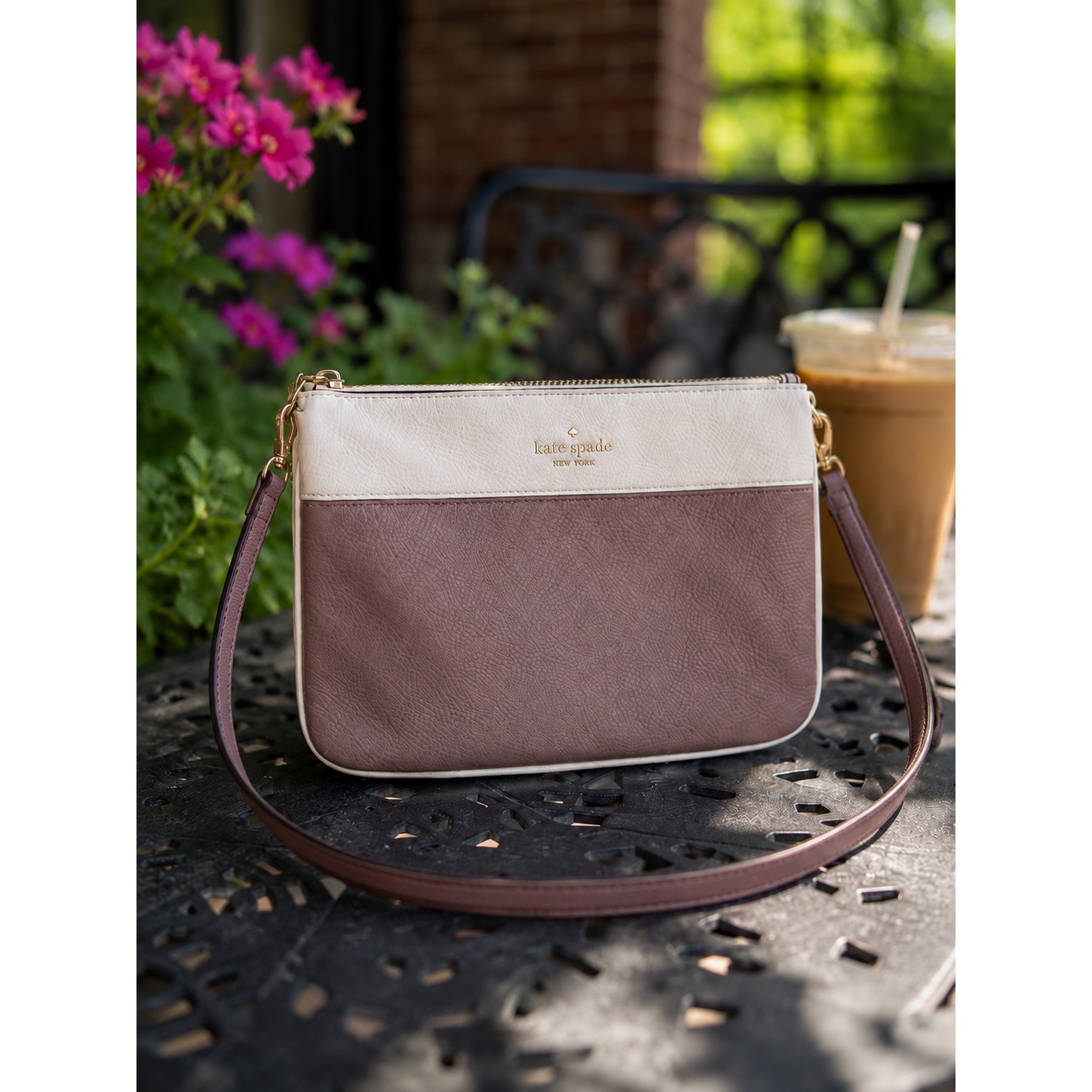 Kate Spade Colorblock Pebbled Leather Bag Triple Compartment Crossbody Taupe